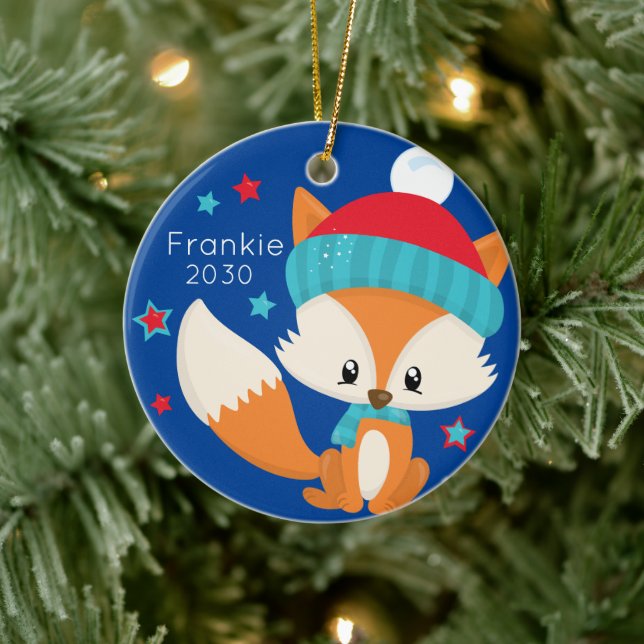 Personalized Baby Woodlands Fox Christmas Ceramic Ornament (Tree)