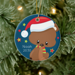 Personalized Baby Woodlands Santa Bear Christmas Ceramic Ornament