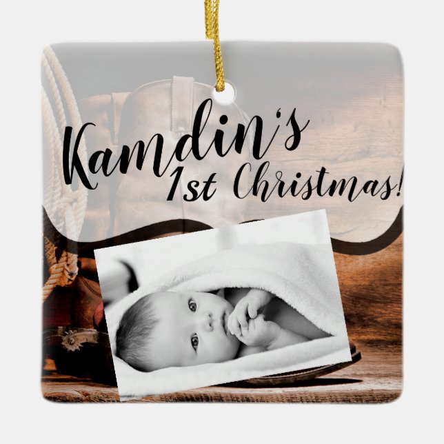 Personalized Baby XMAS Ornament Cowboy Boots Barn (Front)