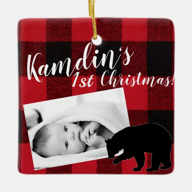 Personalized Baby XMAS Ornament Red Buffalo Plaid (Front)