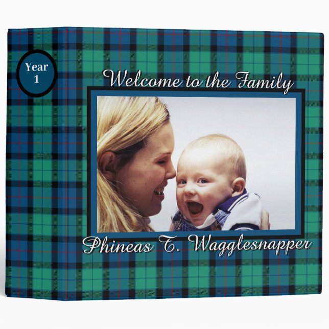 Personalized Baby Year One Blue Green Plaid Photo 3 Ring Binder (Front/Spine)