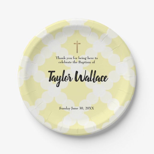 Personalized Baby yellow Baptism & gold cross Paper Plates (Front)