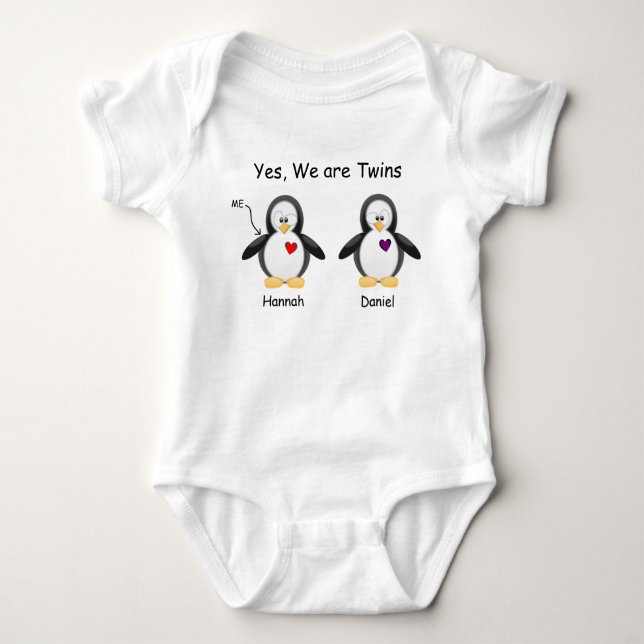 Personalized Baby Yes, We Are Twins Penguin Baby Bodysuit (Front)