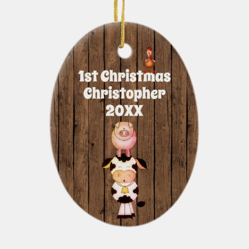 Personalized Babys1st Christmas Cute Farm Animals Ceramic Ornament