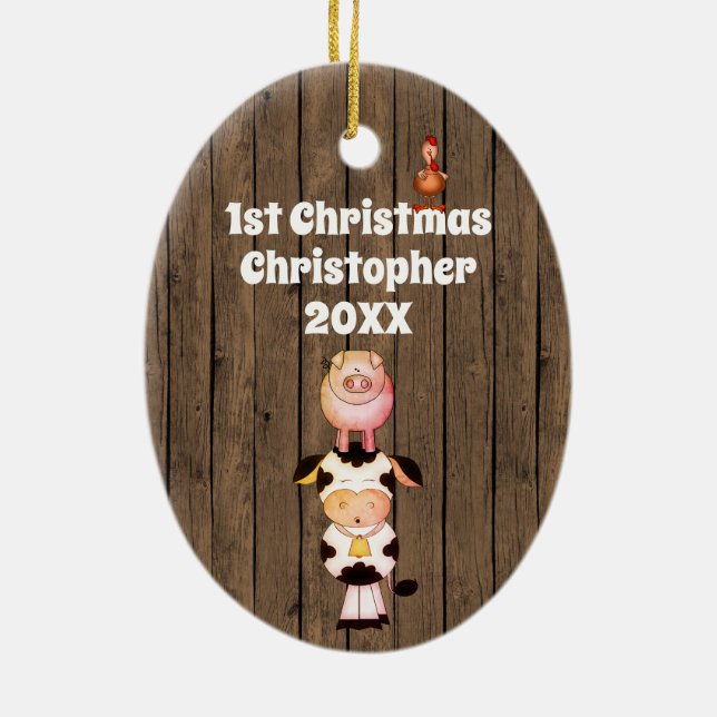 Personalized Baby's1st Christmas Cute Farm Animals Ceramic Ornament (Back)