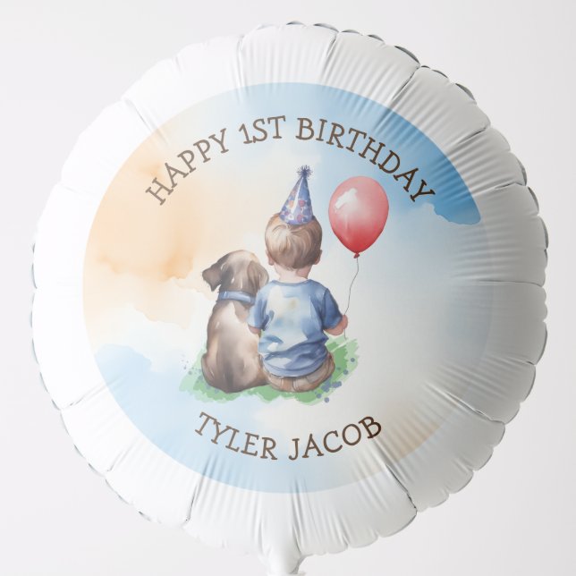 Personalized Baby's 1st Birthday | Boy and Dog Balloon (Front)
