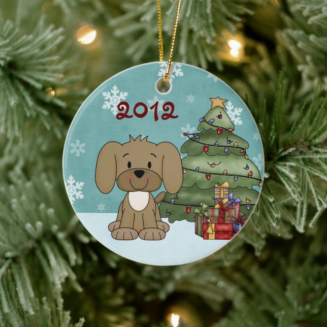 Personalized Baby's 1st Christmas Brown Puppy Dog Ceramic Ornament (Tree)