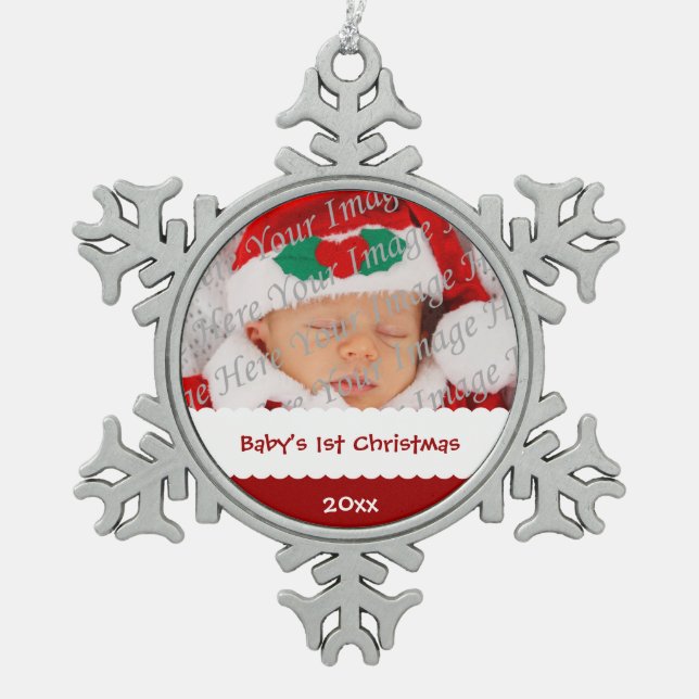 Personalized Baby's 1st Christmas with Photo Snowflake Pewter Christmas Ornament (Front)