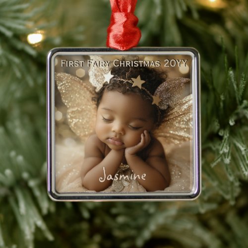 Personalized Baby's Cute First Christmas Fairy Metal Ornament
