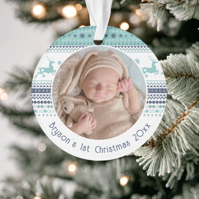 Personalized Baby's First Christmas Blue Reindeer Ornament (Creator Uploaded)