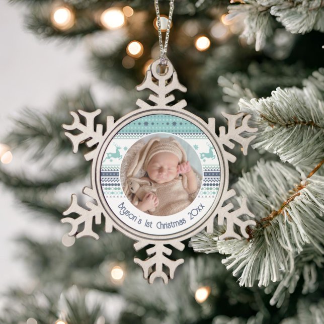 Personalized Baby's First Christmas Blue Reindeer Snowflake Pewter Christmas Ornament (Creator Uploaded)