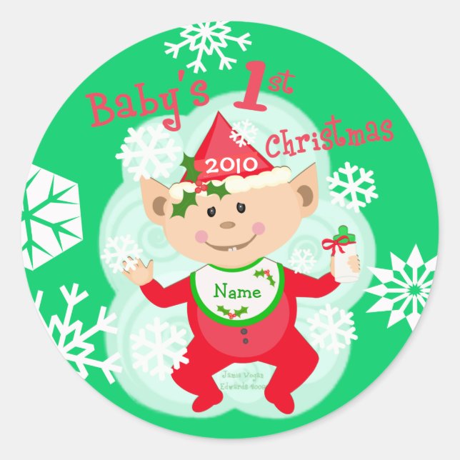 Personalized Baby's First Christmas Classic Round Sticker (Front)