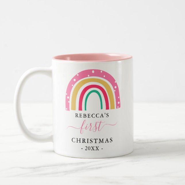 Personalized Baby's First Christmas Cute Rainbow Two-Tone Coffee Mug (Left)