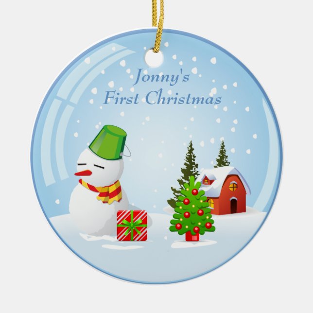 Personalized Baby's First Christmas Cute Snowball Ceramic Ornament (Front)