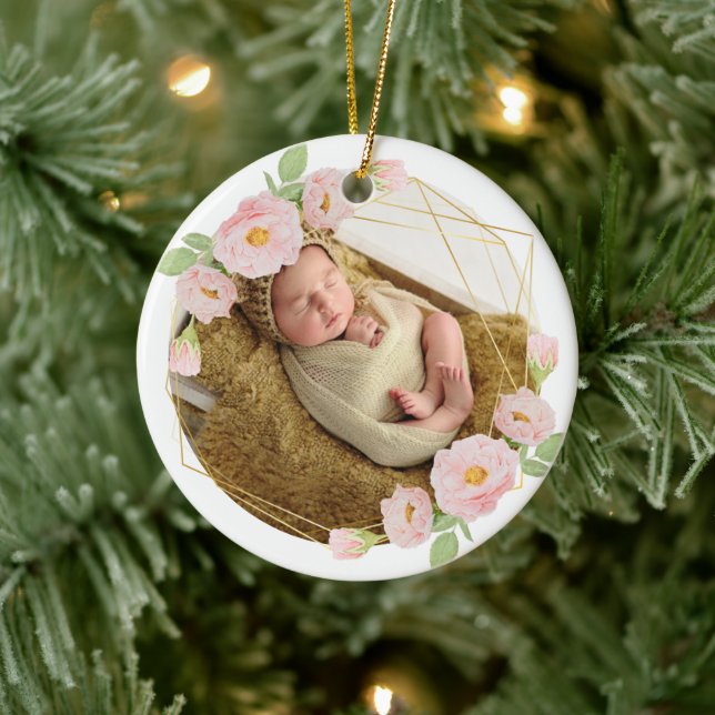Personalized baby's first christmas flower frame ceramic ornament (Tree)