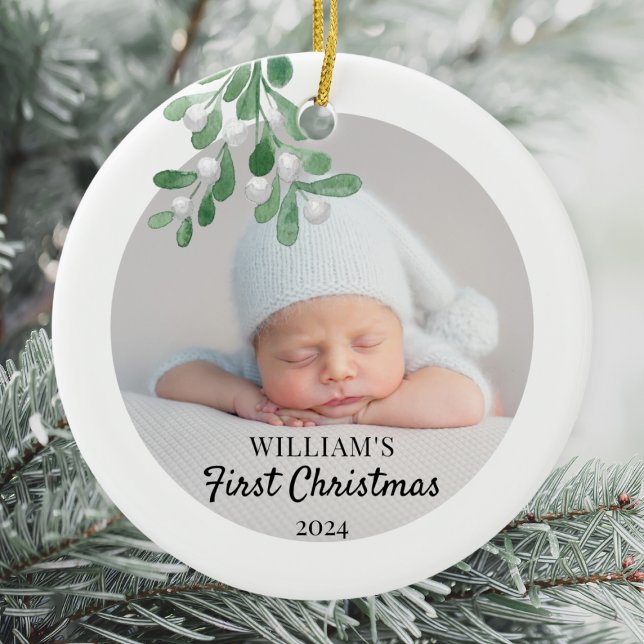 Personalized Baby's First Christmas Foliage Photo Ceramic Ornament (Creator Uploaded)