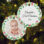 Personalized Baby's First Christmas Photo Ceramic Ornament<br><div class="desc">This Baby's First Christmas ornament is decorated with watercolor holly and mistletoe.
Easily customizable with baby's photo and name.
To edit further,  use the Design Tool to change the font,  font size,  or color.
Original Watercolor © Michele Davies.</div>