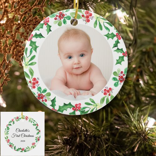 Personalized Babys First Christmas Photo Ceramic Ornament