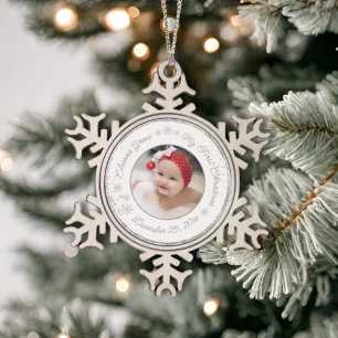 Personalized Baby's First Christmas Photo Glitter Snowflake Pewter Christmas Ornament