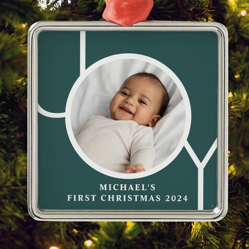 Personalized Babys First Christmas Photo Green Metal Ornament