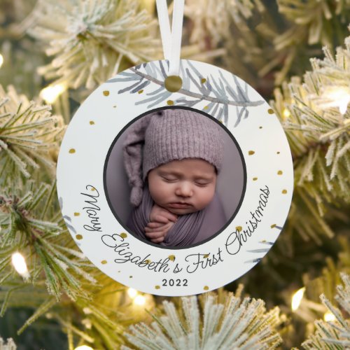 Personalized Babys First Christmas Photo Metal Ornament