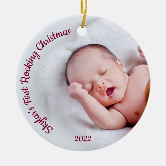 Personalized Baby's First Christmas Photo Name Cer Ceramic Ornament (Front)