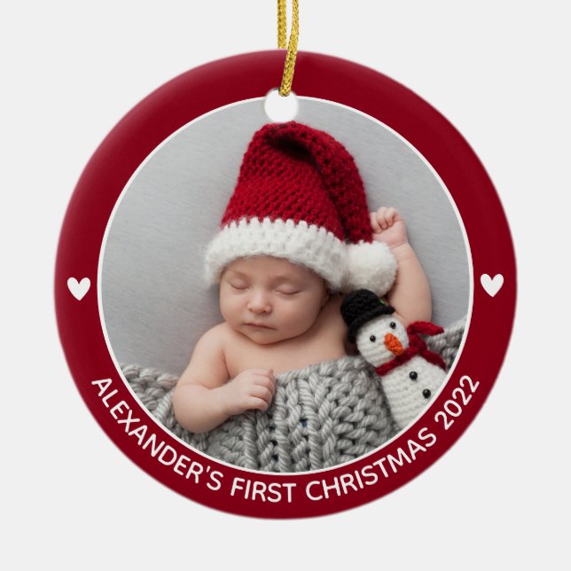 Personalized Babys First Christmas Photo Name Year Ceramic Ornament (Front)