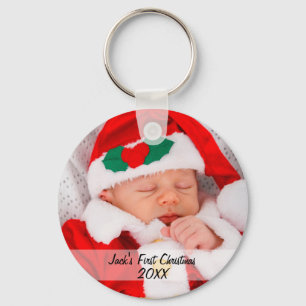 Personalized Babys First Christmas Photo Name Year Keychain