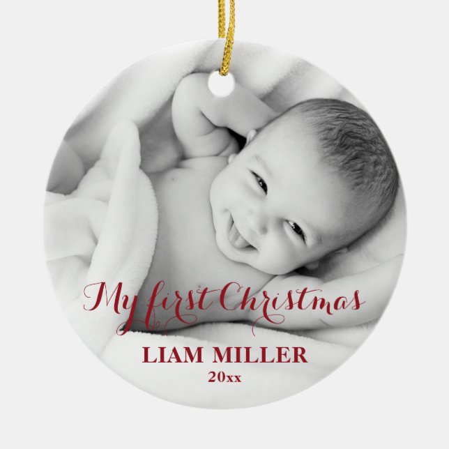 Personalized Babys First Christmas Photo Ornament (Front)