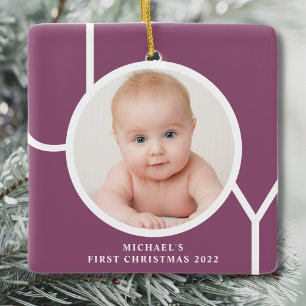 Personalized Baby's First Christmas Photo Purple Ceramic Ornament