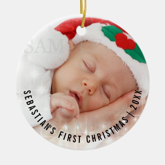 Personalized Baby's First Christmas Photo Template Ceramic Ornament (Front)