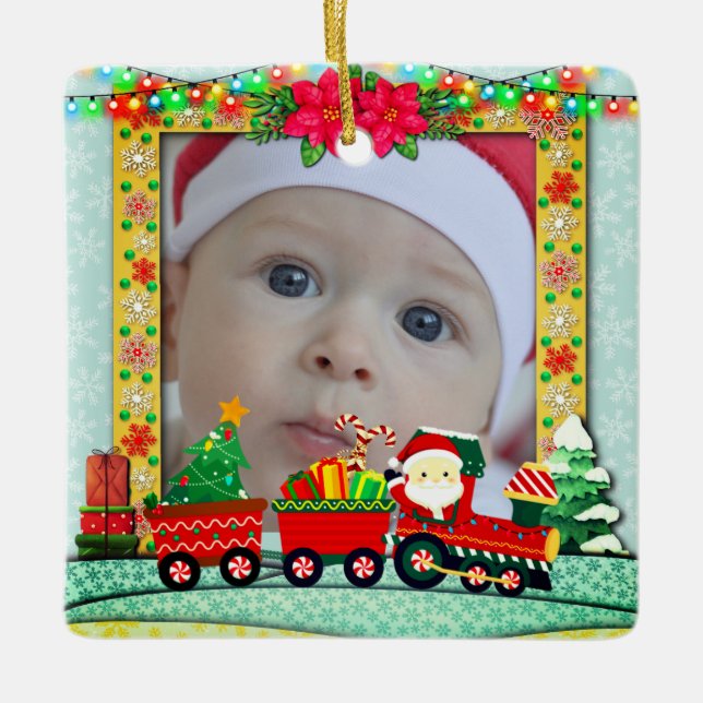 Personalized Baby's First Christmas Photo Train  Ceramic Ornament (Front)