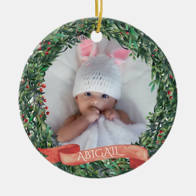 Personalized Baby's First Christmas Photo Wreath  Ceramic Ornament (Front)