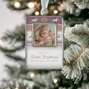 Personalized Baby's First Christmas Pink Reindeer Christmas Ornament
