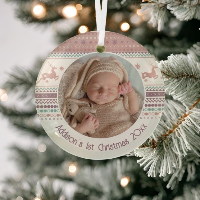 Personalized Baby's First Christmas Pink Reindeer Glass Ornament (Creator Uploaded)