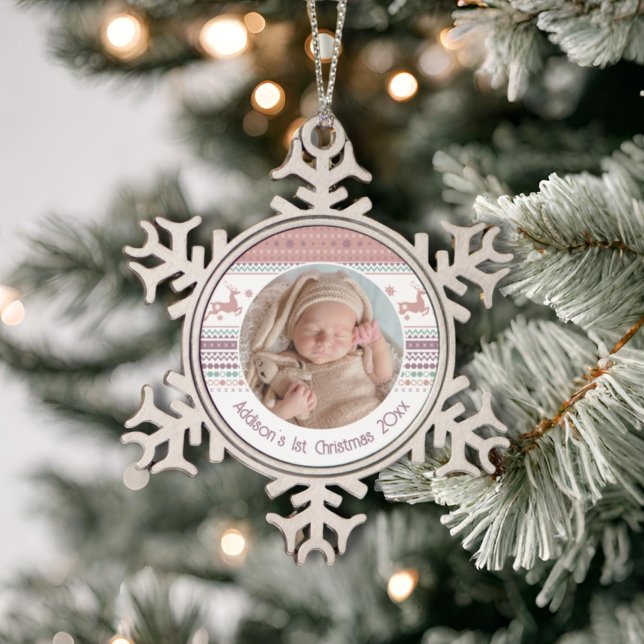 Personalized Baby's First Christmas Pink Reindeer Snowflake Pewter Christmas Ornament (Creator Uploaded)