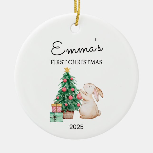 Personalized Baby's First Christmas, Rabbit Gift Ceramic Ornament (Front)