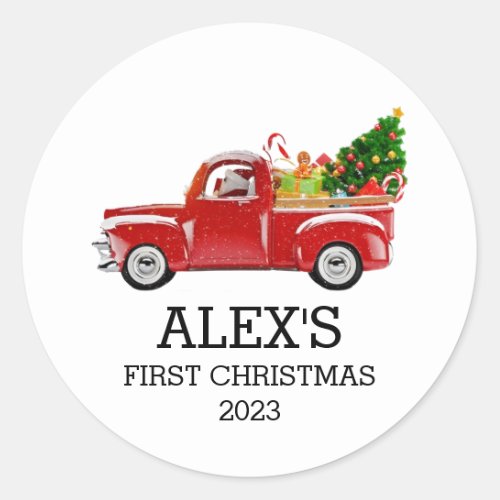 Personalized Babys First Christmas Red Truck Boys Classic Round Sticker