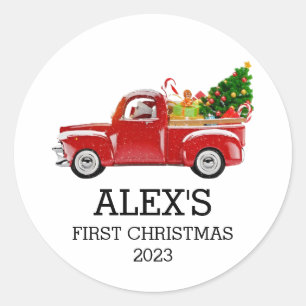 Personalized Baby's First Christmas Red Truck Boys Classic Round Sticker