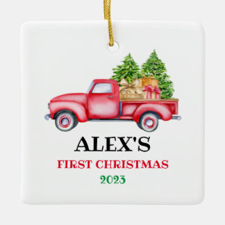 Personalized Baby's First Christmas Red Truck Xmas Ceramic Ornament