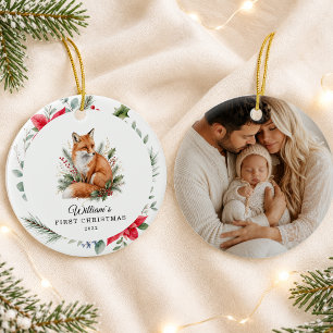 Personalized Baby's First Christmas Watercolor Fox Ceramic Ornament