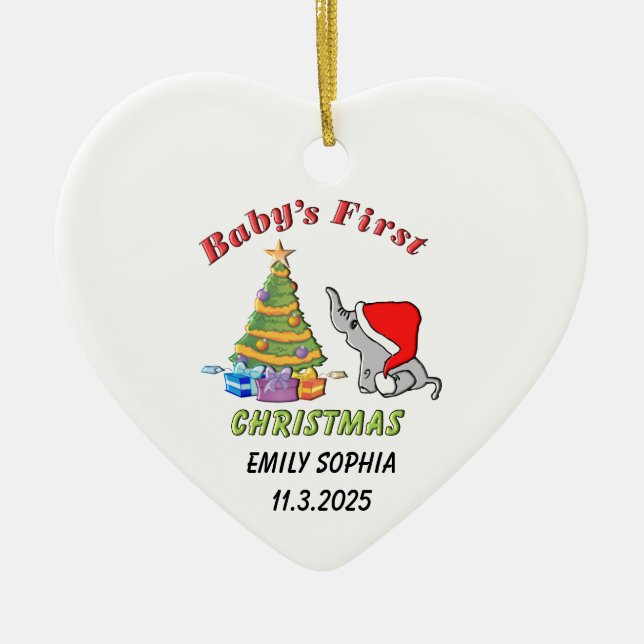 Personalized Baby's First Christmas with Elephant Ceramic Ornament (Front)