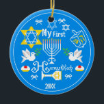 Personalized Baby's First  Hanukkah Ceramic Ornament<br><div class="desc">Happy Hanukkah! Celebrate Hanukkah  this year with beautiful holiday design. Navy blue background with white Menorah and another Hanukkah items.</div>