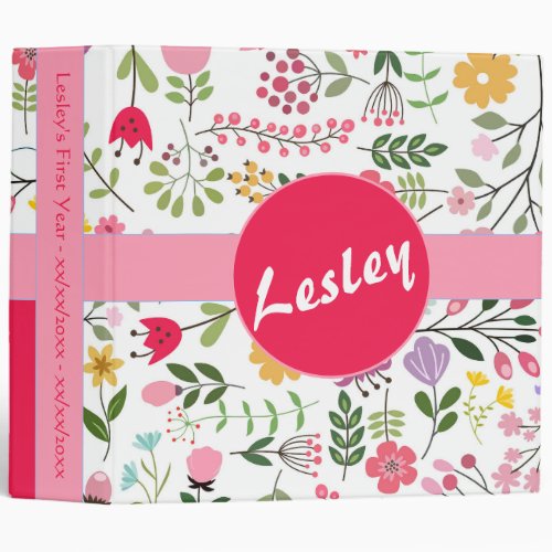Personalized Babys First Year Album Pink Floral 3 Ring Binder