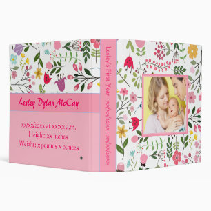 Personalized Baby's First Year Pink Floral Photo 3 Ring Binder