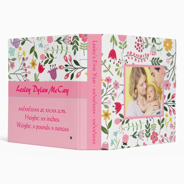 Personalized Baby's First Year Pink Floral Photo 3 Ring Binder (Background)