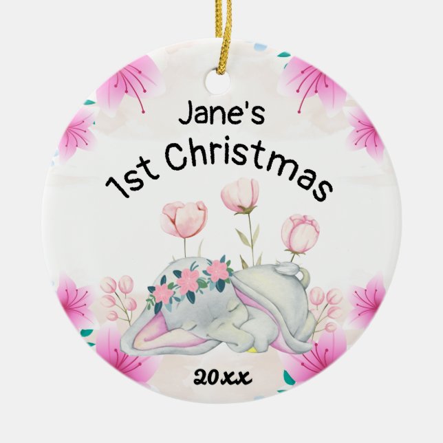 Personalized Baby's Girl First Christmas 2023 Ceramic Ornament (Front)