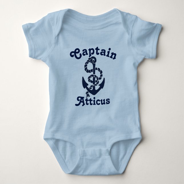 Personalized Babys Name Navy Blue Nautical Captain Baby Bodysuit (Front)