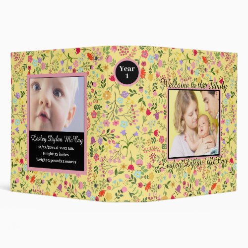 Personalized Babys Year One Yellow Floral Photo 3 Ring Binder