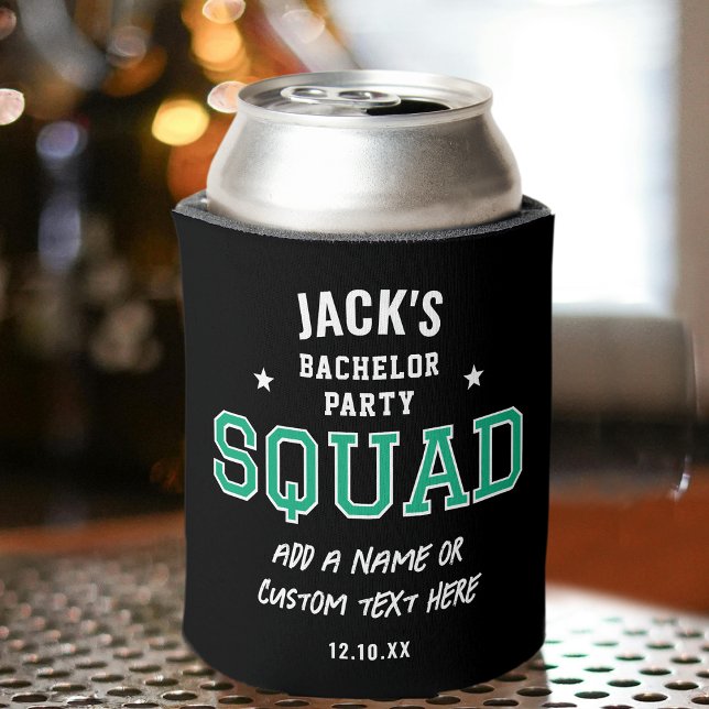 Personalized Bachelor Party Squad Green Black Can Cooler (Creator Uploaded)